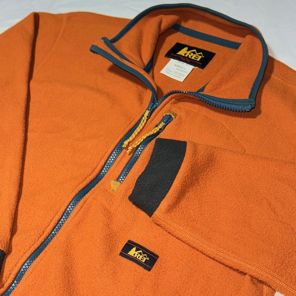 REI Full Zip Fleece Jacket Womens XS Orange Zip Pockets Outdoor Hiking Polartec